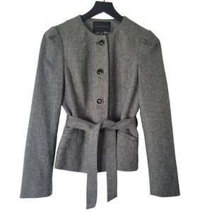 Banana Republic Wool Herringbone Stretch Puff Sleeve Blazer Belted Size 4 Black